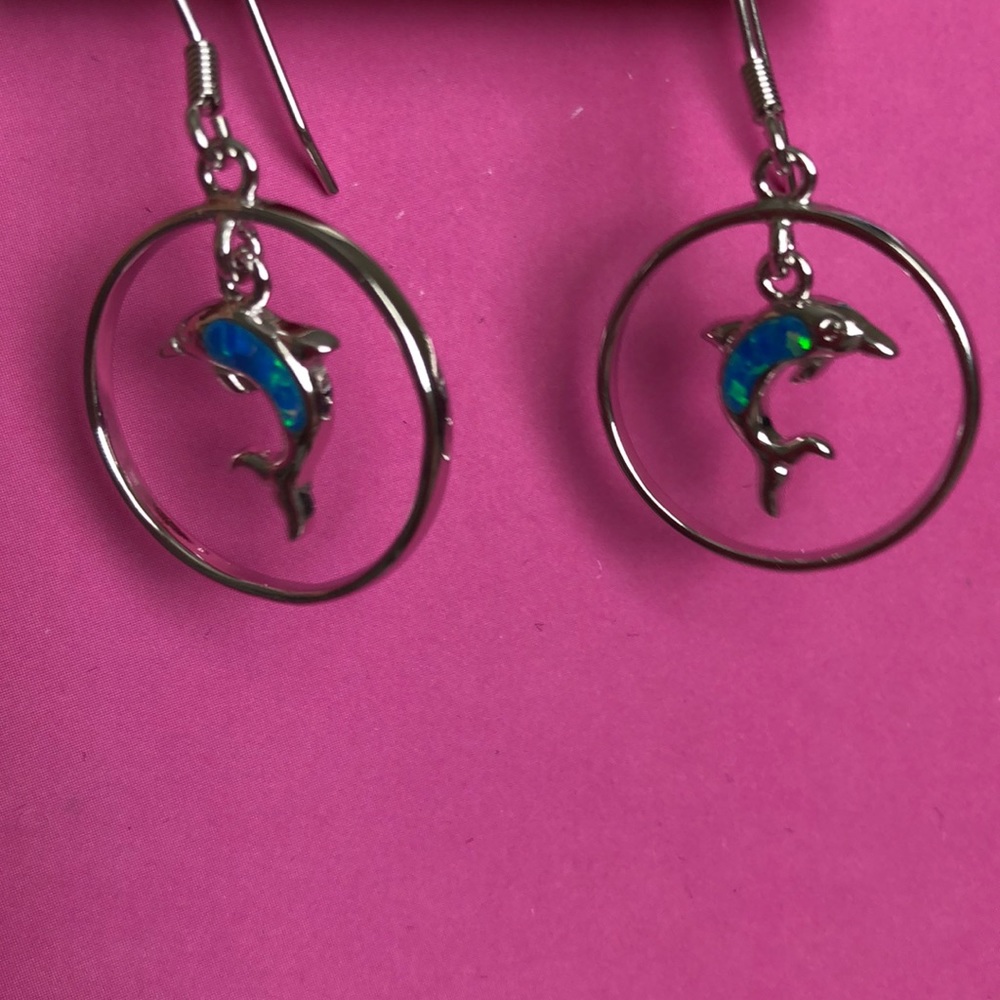 Sterling Silver Dolphin Earrings with Lab Opal - Picture 3 of 4